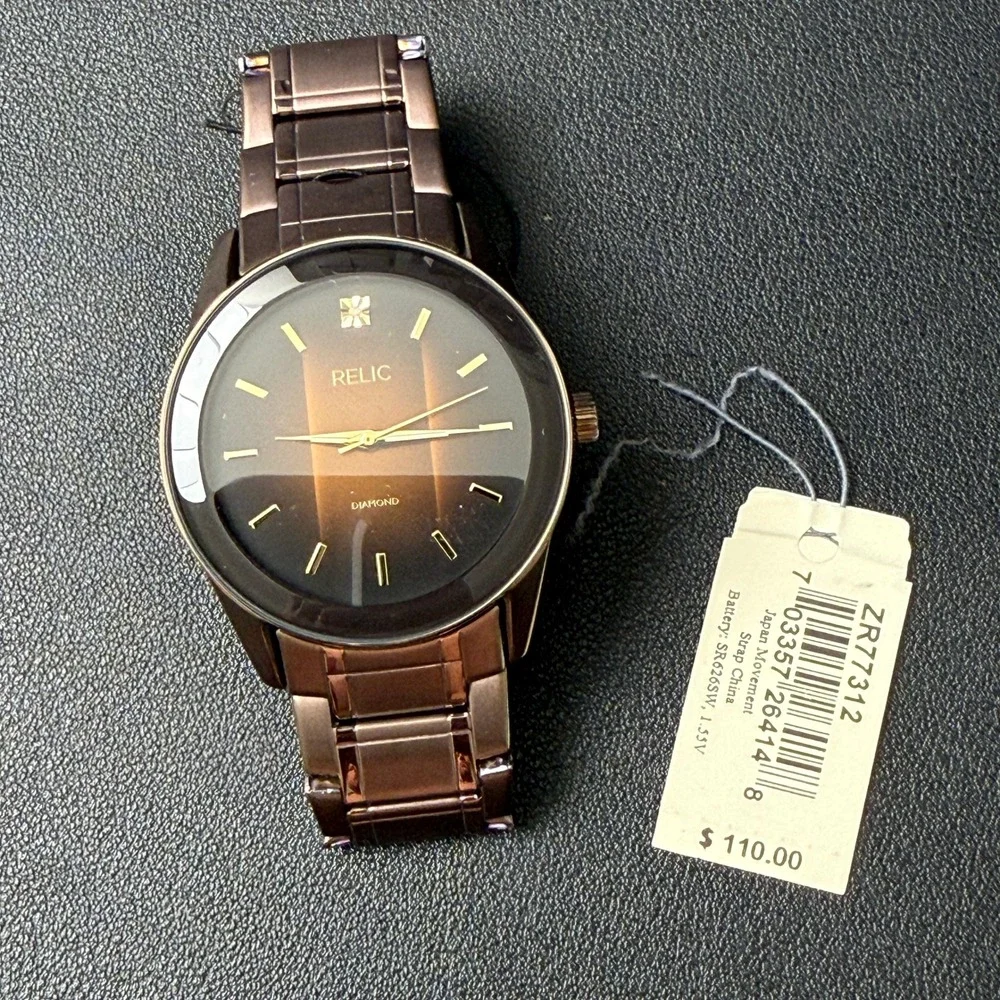 MSRP $110 Relic by Fossil ZR77312 Mens‎ Rylan Diamond Accent Brown Watch New Ba